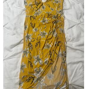 Mustard Yellow Floral Ruched Midi Dress Spaghetti Strap Asymmetrical Bodycon
